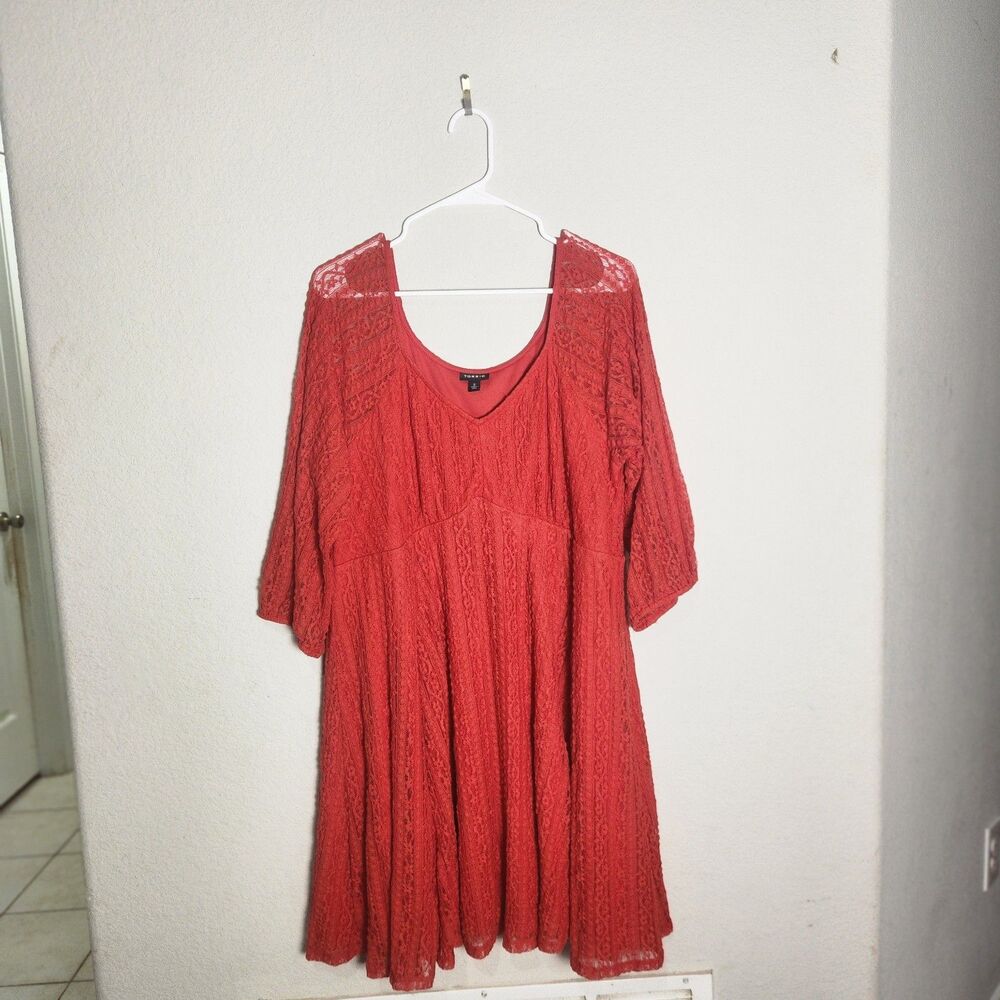Torrid Red Lace Fit & Flare Knee Length Dress 3/4 Sleeve Scoop Neck Size 2